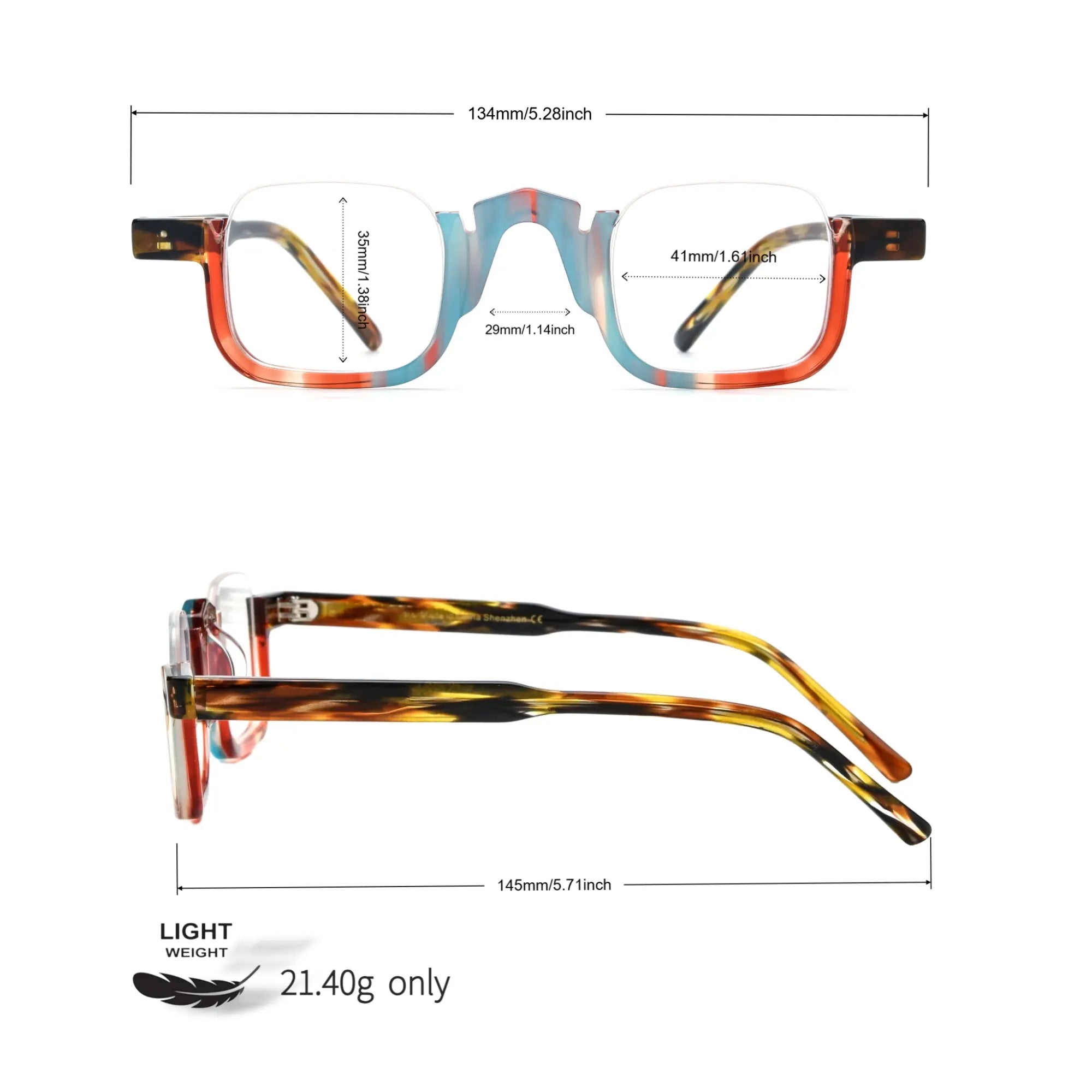 Size chart of VoyueLens™ crystal aurora square acetate eyeglasses with detailed frame dimensions